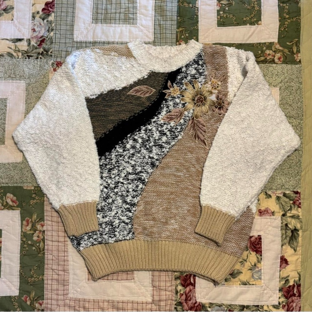 Vintage Cream and Brown Patchwork Sweater